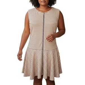 Annabelle Womens Plus Size 3X Striped Sleeveless Full Zip Fit & Flare‎ Dress Tan